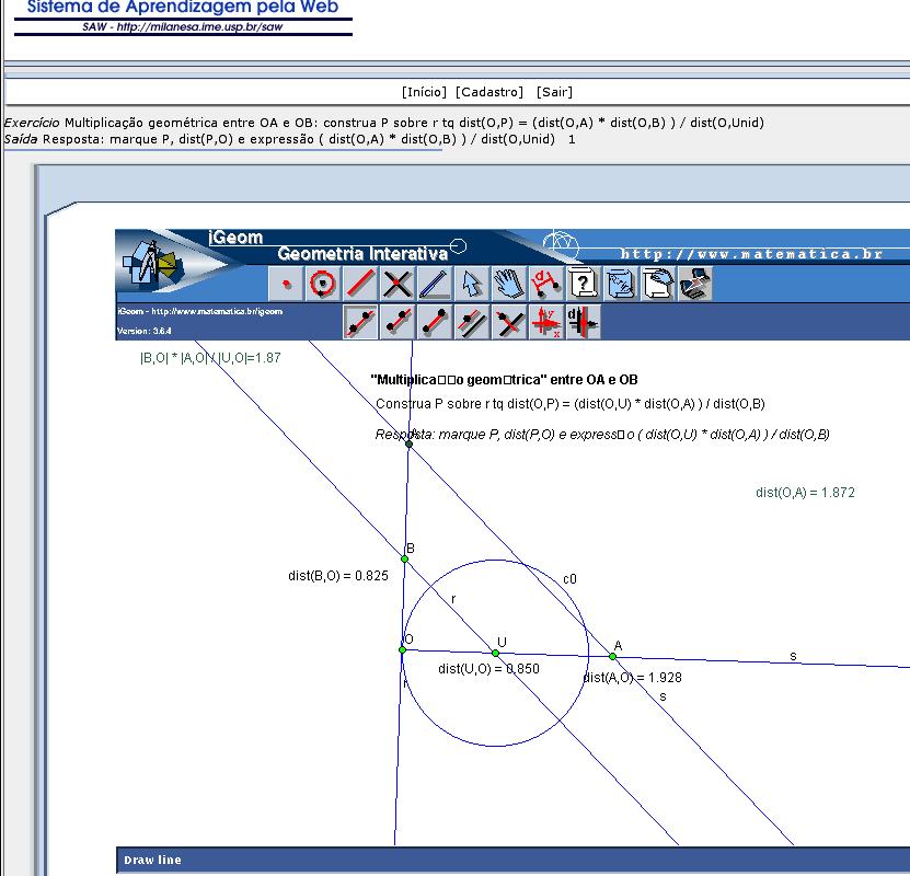 Figure 5. Resolução de um exercício no SAW utilizando o plug-in igeom. demonstração.