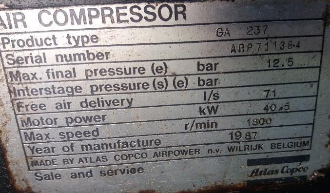 Marca: ATLAS COPCO Modelo GA 237 256 m3/h Economia no custo anual de energia 7.