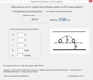 (m) raios dos drenos; K (m/dia) condutividade hidráulica do solo, para o caso de solo homogêneo, com uma só condutividade hidráulica, e K1 e K2, para as condutividades da primeita e da segunda