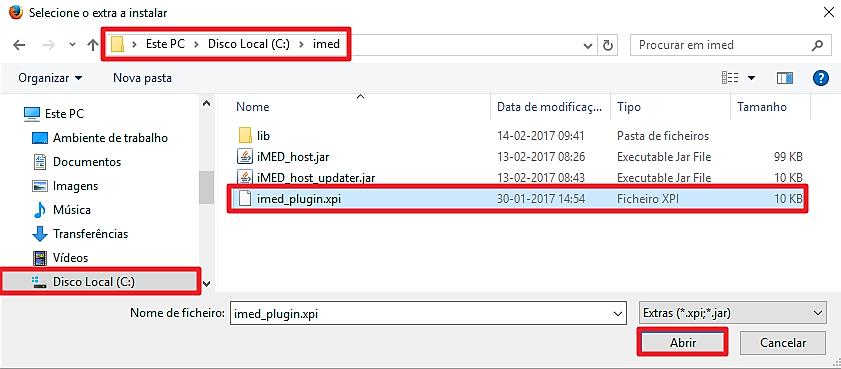 Depois deve selecionar o ficheiro imed plugin.xpi que se encontra no diretório c:\imed e clicar em abrir.