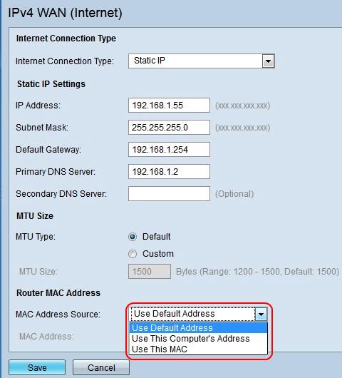 Etapa 4. Escolha a fonte do MAC address da lista de drop-down. Endereço padrão do uso Usa o MAC address dos padrões.