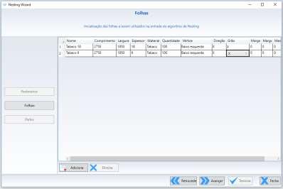 Passo 2 Folhas Neste passo é necessário cadastrar as folhas que serão usadas para a produção. Informações a serem Preenchidas: Nome = (Nome da Chapa Utilizada Ex.