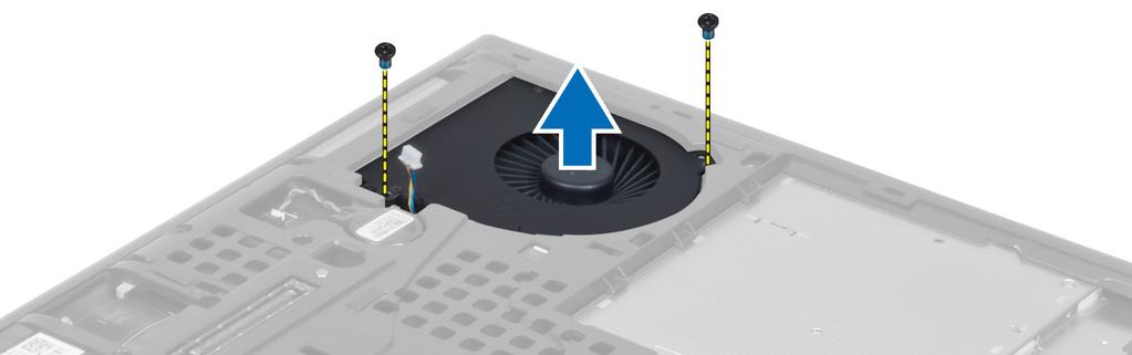 Retirar a ventoinha do processador 1. Siga os procedimentos indicados em Antes de efectuar qualquer procedimento no interior do computador. 2. Retirar: a. bateria b. tampa da base 3.