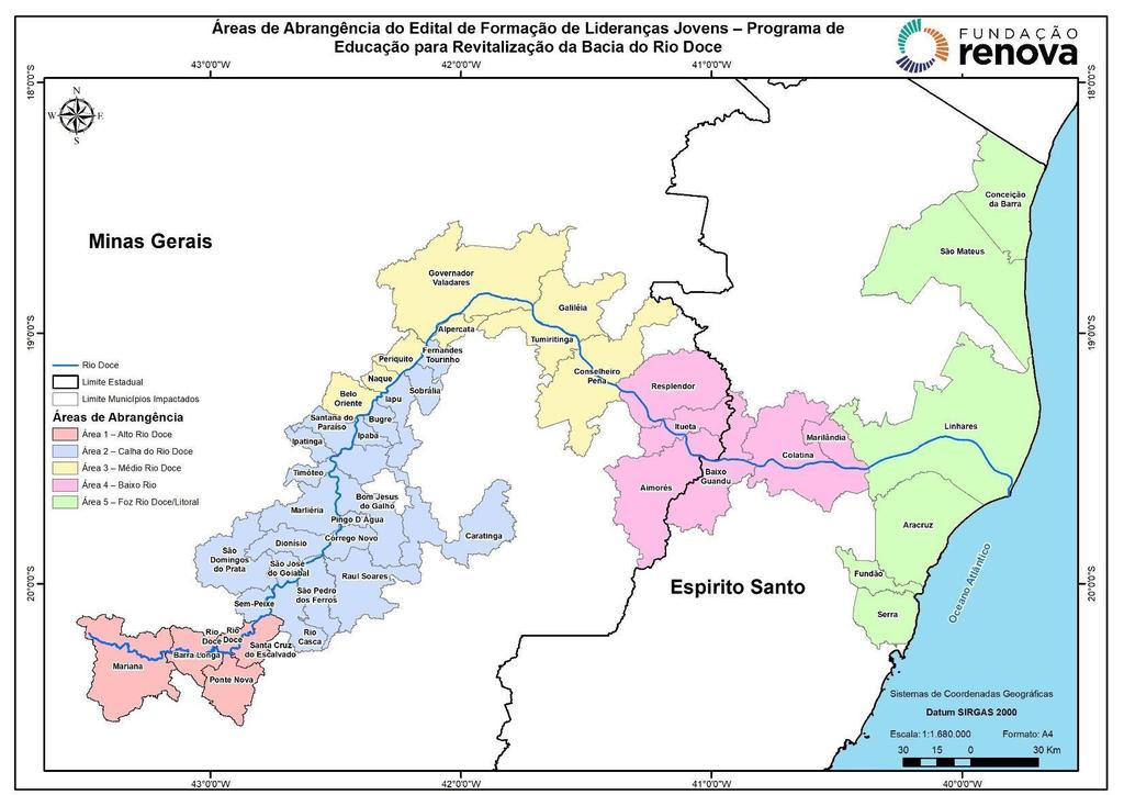 Mapa 1: Áreas de Abrangência do Edital de Formação de Lideranças Jovens Programa de Educação para Revitalização da Bacia do Rio Doce 3.