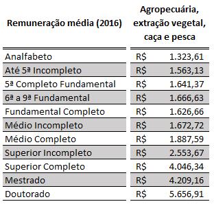 Tabela 5 Remuneração média do setor primário Por nível escolar 2016 Fonte: dados da RAIS; elaboração própria Abaixo, na tabela 6, mostramos os ramos correspondentes ao setor secundário.