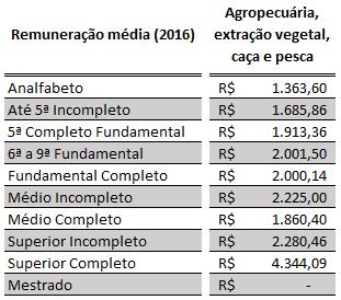 Tabela 14 Remuneração média do setor primário Por nível escolar 2016 Fonte: dados da RAIS; elaboração própria Abaixo, na tabela 15, mostramos os ramos