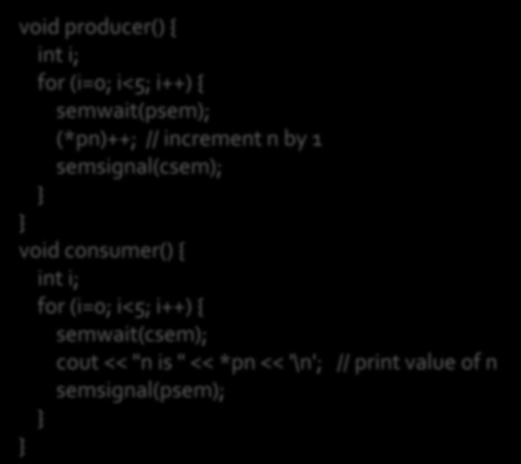 void producer() { int i; for (i=0; i<5; i++) { semwait(psem); (*pn)++; // increment n by 1 semsignal(csem); } } void