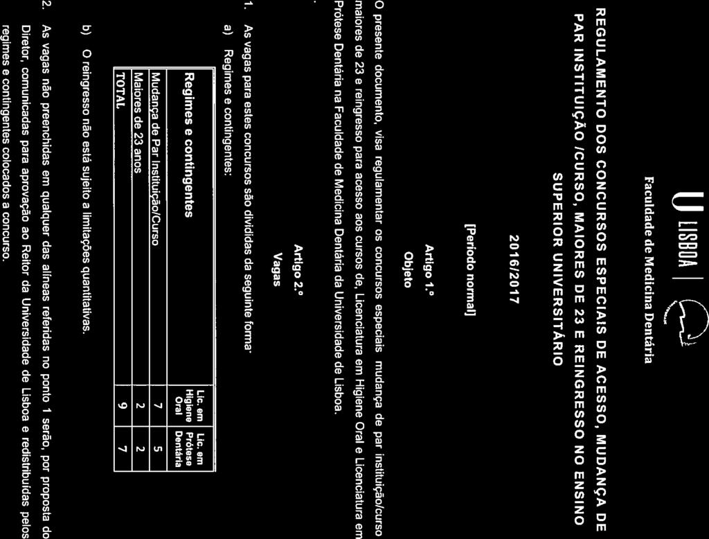 LISBOA REGULAMENTO DOS CONCURSOS ESPECIAIS DE ACESSO, MUDANÇA DE PAR INSTITUIÇÃO ICURSO, MAIORES DE 23 E REINGRESSO NO ENSINO SUPERIOR UNIVERSITÁRIO 201612017 [Período normal] Artigo 1.