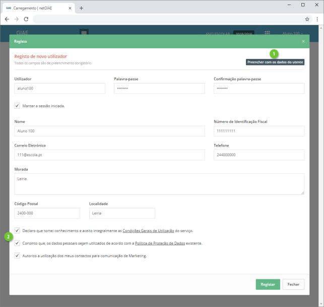 Preencha todos os campos presentes na página de registo, que poderão ser introduzidos de forma automática clicando em Preencher com os dados do utente (ponto 1).
