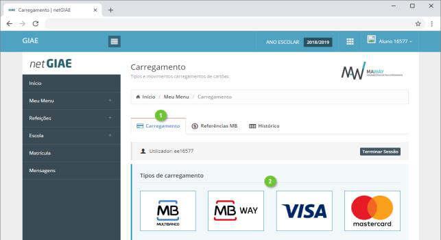 netgiae - Carregamentos (opção Meu Menu Carregamento) A opção de carregamentos está disponível apenas aos Encarregados de Educação, devendo efetuar o login no