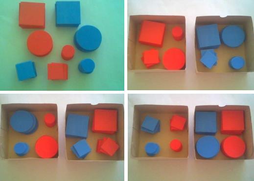 A princípio, utilizando os Blocos Lógicos, por exemplo, pode-se solicitar que as crianças façam a classificação por cores, formas e tamanho (Foto 5).