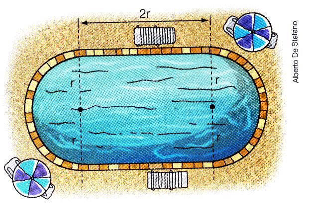 15) Uma piscina tem a forma indicada na figura, com r = 2,4m.