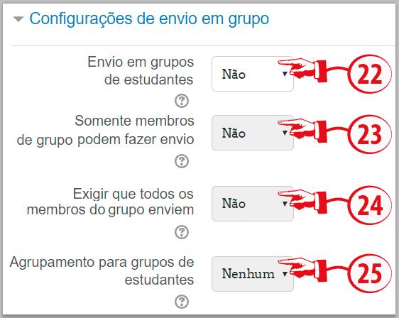 Somente membros de grupo podem fazer envio (23): se selecionar a alternativa sim, todos os estudantes do grupo devem clicar no botão de confirmação da tarefa antes que ela seja considerada enviada.