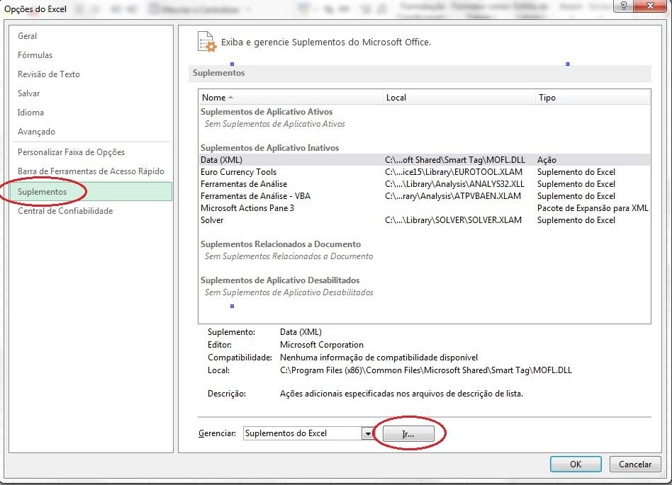 Figura 1.11: Botão para abertura do Solver na barra de ferramentas do Microsoft Excel 2013. Figura 1.12: Passos para ativar o botão do Solver na aba Dados. 1.6.