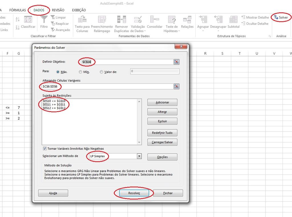 Figura 1.1: Formulário para definição do modelo no Solver/Microsoft Excel 2013. em OK para voltar ao formulário anterior.