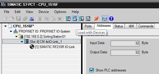 ( [Slot 8] CM 4xIO-Link_1 Addresses (Endereços) Show PLC addresses (Mostrar endereços PLC) All ports (Todas as portas)) Selecione agora a pasta "[slot 8] CM