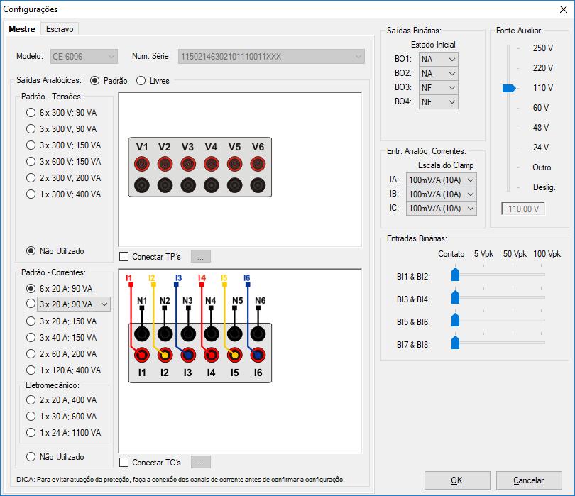 auxiliar para 110V em Fonte Auxiliar e configure as binárias de entrada para