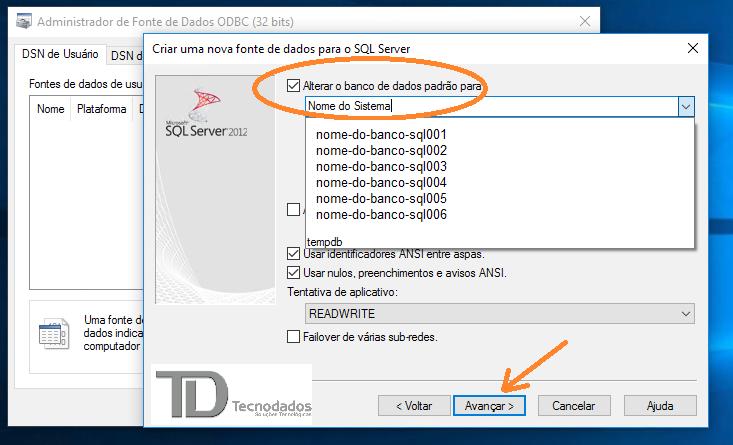 senha; Altere o banco de dados padrão para o nome do banco de dados