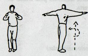 3) Esticar torcendo para baixo Posição inicial, com os braços dobrados a frente, estique o corpo para cima e abaixe girando, levando a mão direita ao pé esquerdo enquanto o