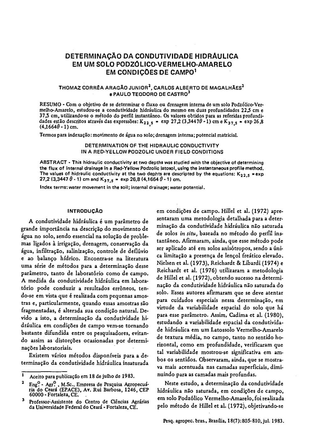 DETERMINAÇÃ DA CNDUTIVIDADE HIDRÁULICA EM UM SL PDZÓLIC-VERMELH-AMAREL EM CNDIÇÕES DE CAMP' THMAZ CRRÊA ARAGÃ JUNIR 2, CARLS ALERT DE MAGALHÃES 2 e PAU L TEDR DE CASTR 3 RESUM - Cm bjetiv de se