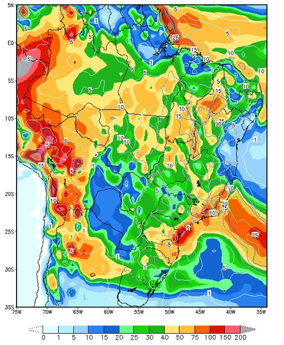 Figura 1 - Precipitação acumulada prevista pelo modelo ETA (CPTEC/INPE) para o período de 02/02 a 08/02/19 Nas bacias dos rios Paranapanema, Grande, Paranaíba e Iguaçu, e parte das bacias dos rios