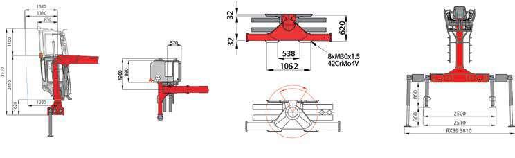 dimensões perfeitas m100l80 TOG Fim de curso m100l80 com cabine TOG Fim de curso M100L80 Alcance máximo Momento de carga útil Torque de giro útil Ângulo de giro Pressão de operação Capacidade