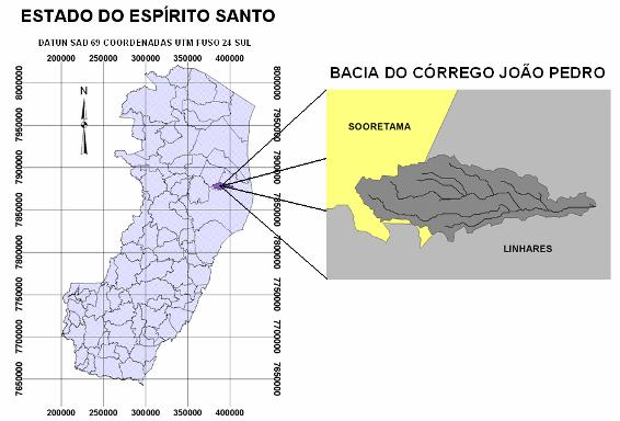 Metodologia A área de estudo está localizada no norte do Estado do Espírito Santo, nos municípios de Linhares e Sooretama, entre as coordenadas geográficas 19 05 e 19 15 de latitude sul 40 10 e 39 50