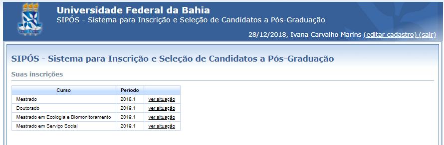 Ao retornar à tela inicial do SIPÓS/UFBA, acesse