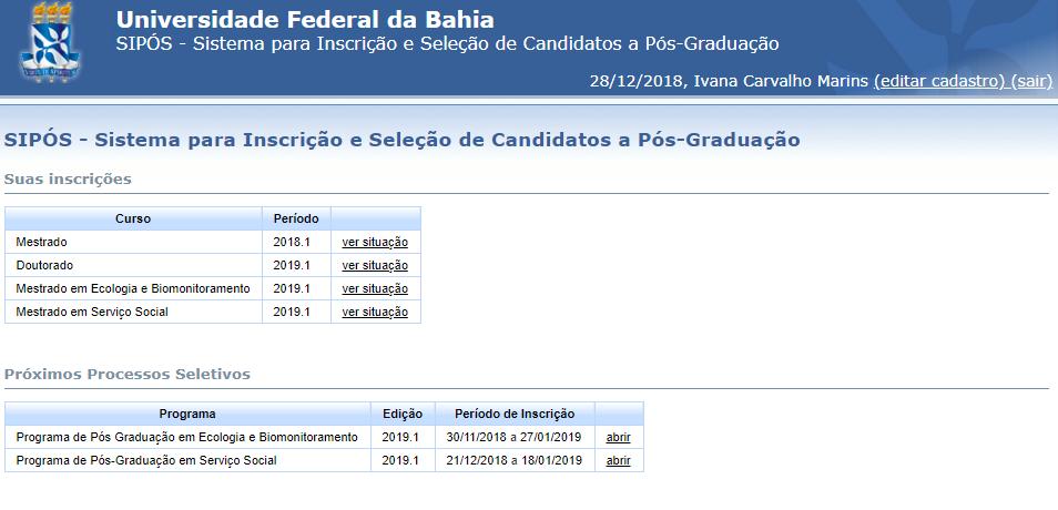 Agora, clique em abrir no Programa de Pós-Graduação em