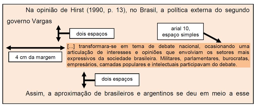 13 - mais de três linhas, devem ser destacadas com recuo de 4 cm da margem esquerda, com letra menor que a do texto utilizado e sem as aspas.