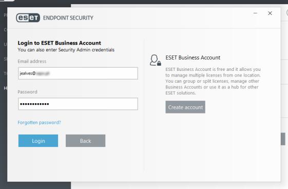 2.2 Activação local com opção Security Admin Para procedermos à activação dos produtos ESET, podemos fazê-lo através das credenciais de Security Admin (que foram
