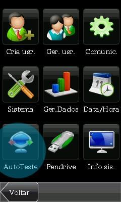 através de testes que podem ser realizados isoladamente ou em sequência. As opções de auto teste podem ser acessadas pelo item [AUTO TESTE] no menu principal do equipamento.
