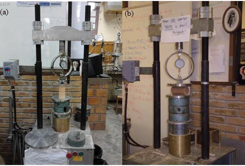 53 Figura 20 (a) ensaio de compressão simples e (b) diametral (fonte: elaborado pelo autor) 6.3.3 Compressão triaxial Neste trabalho foram realizados ensaios de compressão triaxial adensados e