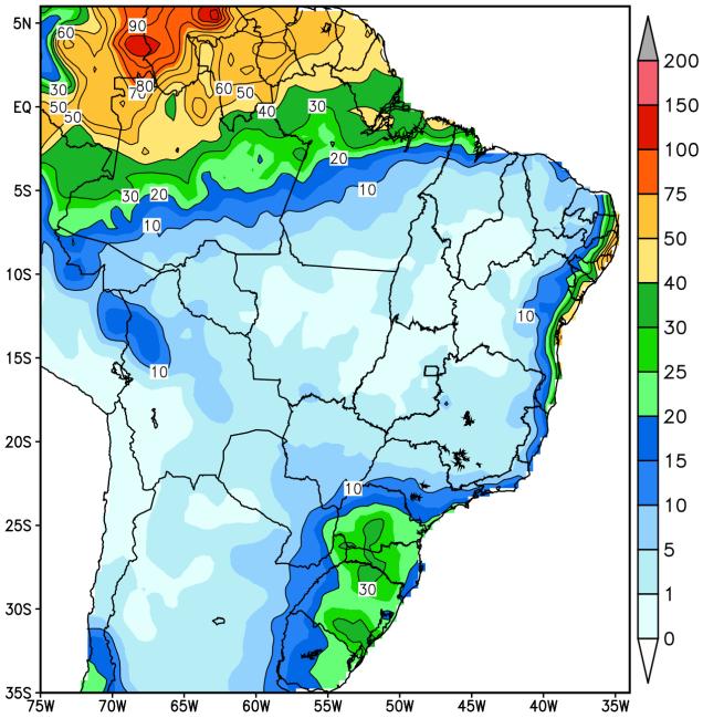 Observa-se na previsão de ambos os modelos, ETA (figura 2a) e COSMO (figura 2b), que as regiões Sul e Sul do Centro-Oeste e Sudeste apresentam previsões de totais significativos de precipitação para