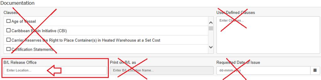 6 7- Documentation and Freight Charges Ignorar todos campos com X vermelho. Ocean Freight Payable at: informar lugar de pagamento do frete.