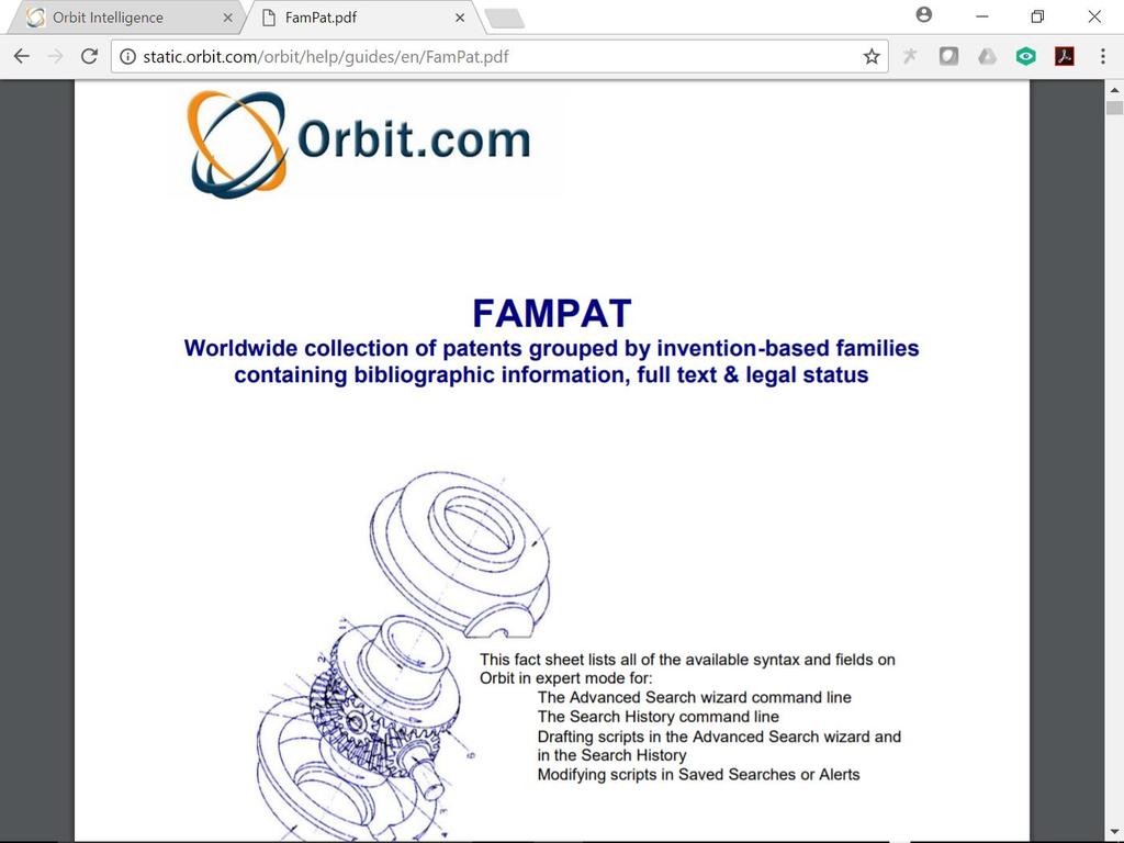 O Fields of the FamPat Collection é um guia de 33 páginas com informações detalhadas sobre os vários campos de busca e exportação do Orbit.