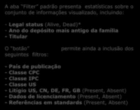 A aba Filter padrão presenta estatísticas sobre o conjunto de informações visualizado, incluindo: - Legal status (Alive, Dead)* - Ano do depósito mais antigo da família - Titular O botão seguintes