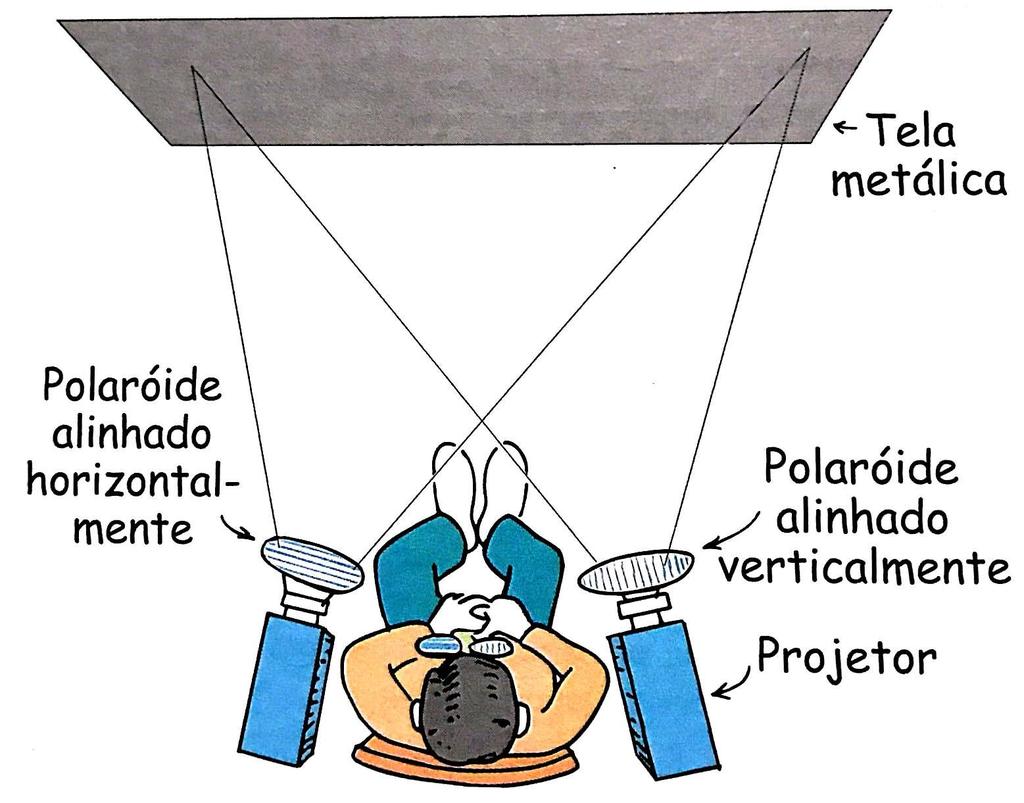 O projetor 3-D O projetor 3-D que usa polaroides baseia-se na seguinte ideia: o olho esquerdo enxerga apenas luz polarizada vinda do projetor