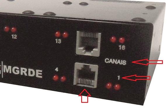 13 de 55 - Conexão no Módulo - As conexões do gravador são conectores RJ45, e deve ser utilizado cabos UTP (cabo de rede) que é