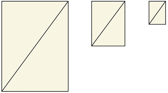 e) Agora sobreponha os três retângulos fazendo coincidir a base e o vértice de onde parte cada diagonal. O que você pode observar com relação às diagonais dos retângulos?