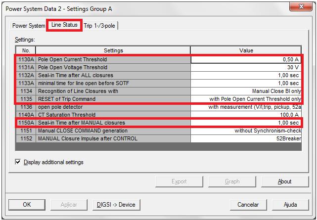 disjuntor, o tempo de selo após todos os fechamentos, o tempo mínimo no qual a função SOTF ficará monitorando a