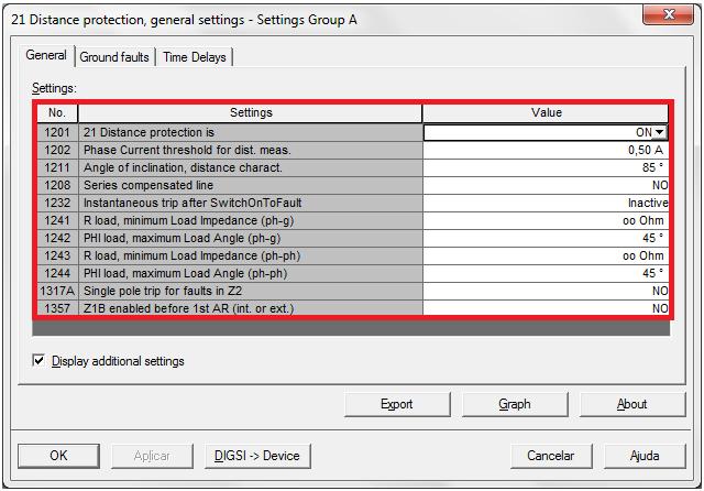 1 General Figura 18 Nessa aba habilita-se a função de distância, o valor mínimo de corrente para que a função 21 esteja