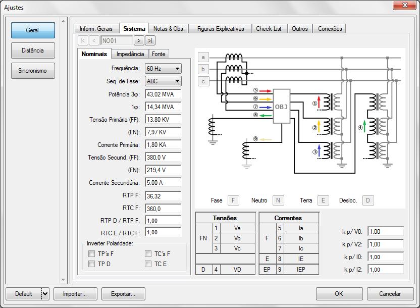 frequência, sequencia de fase, tensões primárias e secundárias, correntes primárias e