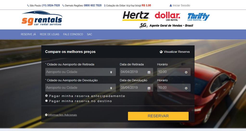 RESERVE JÁ! Já logado, o box de cotação/reserva é habilitado. Digite a cidade ou o código do Aeroporto onde seu cliente irá retirar o carro, assim como data e horário.