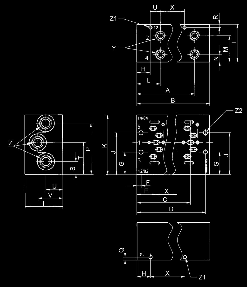 Bases Dimensões Base múltipla de distribuição com orifícios 2 e 4 inferiores em G 1/4 para distribuidor de pilotagem pneumática (orifícios 12/82 e 14/84 separados) 1x por estação