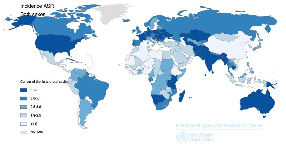 34 Figura 2.4 Distribuição global da incidência de câncer labial e cavidade bucal em um período de 5 anos para cada 100.000 habitantes, ambos sexos. GLOBOCAM 2012 Figura 2.