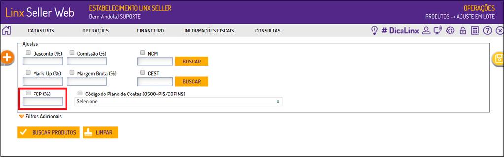 No menu Operações > Produtos > Ajuste em Lote Foi incluído o filtro "FCP (%)" que permite alterar em lote, ou seja, possibilita alterar o percentual de