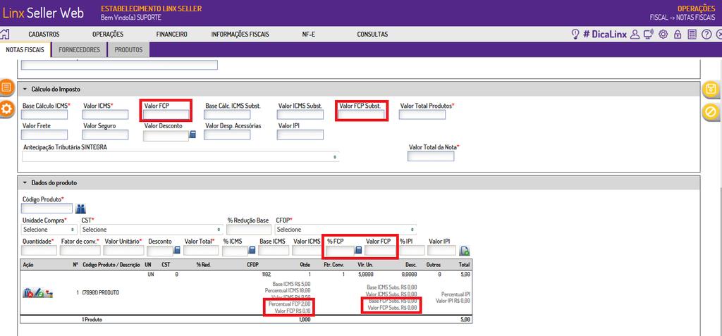 No menu Operações > Fiscal > Notas Fiscais Quando a nota fiscal de compra possui produto tributado integralmente, na inclusão do produto é habilitado o campo "% FCP" que deve ser informado.