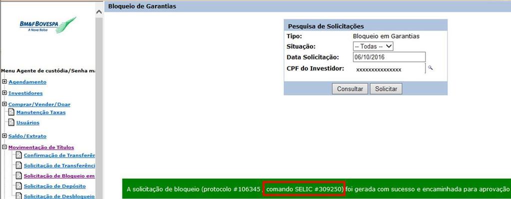 Quantidade de títulos a bloquear (somente são mostradas as quantidades disponíveis que o investidor possui) v.