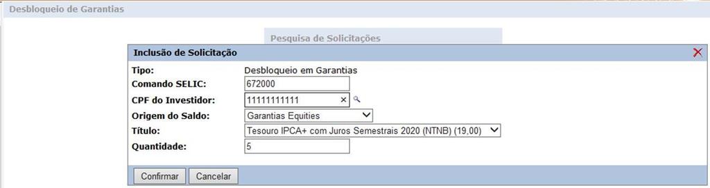 i. Número de comando da retirada, o qual foi informado pelos sistemas de Garantias ii. CPF do investidor iii.